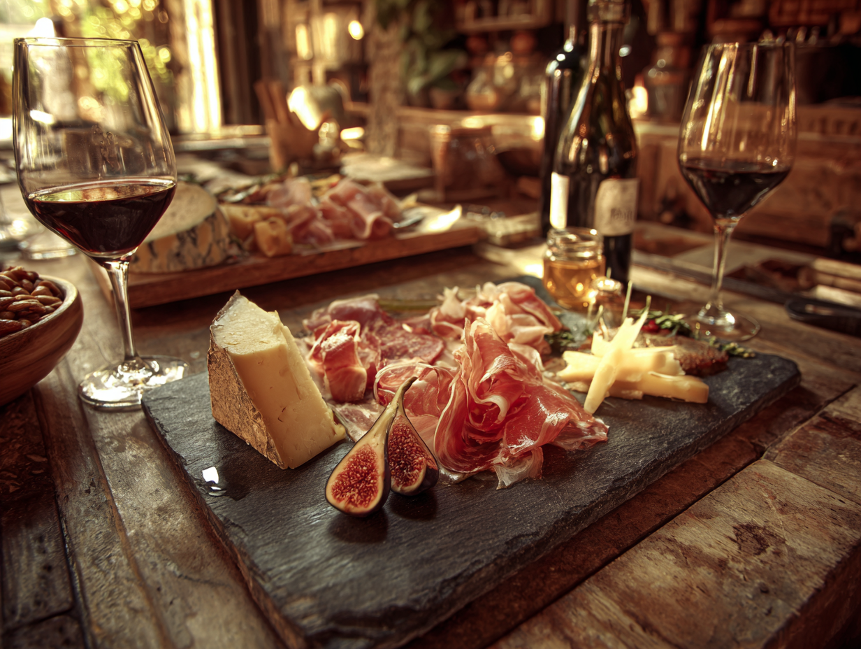 Long-table lunch with a charcuterie board and wine
