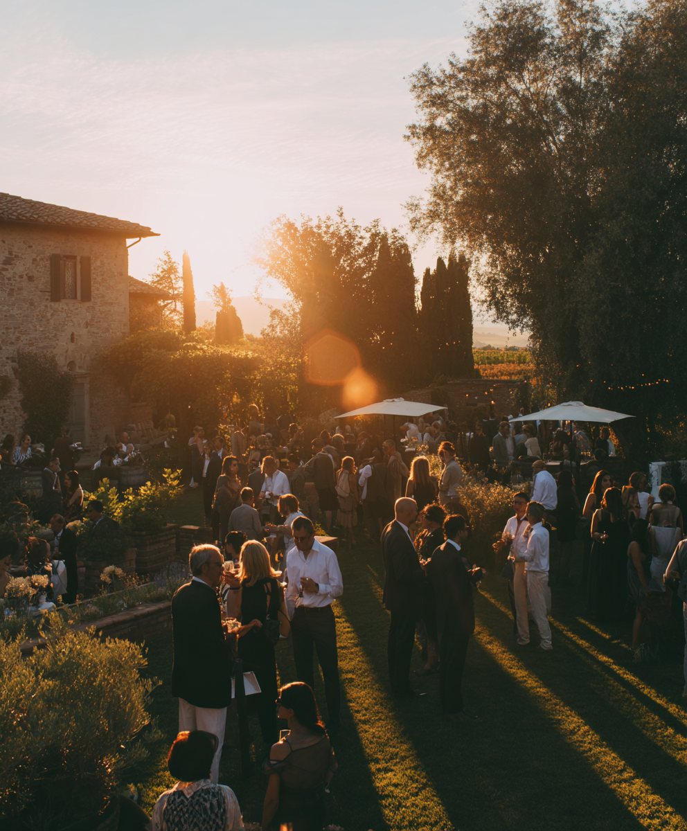 Guests gathered at a Tuscan estate garden party at sunset
