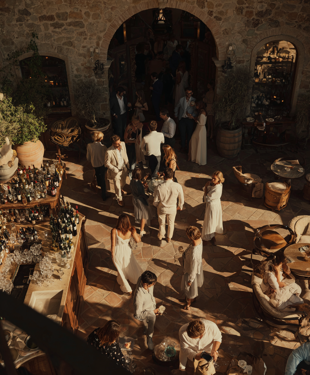 Aerial view of guests gathered inside the estate hall